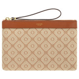 Front product shot of the Oroton Elsie Medium Pouch in Cognac/Biscuit and Jacquard Fabric/Smooth Leather for Women