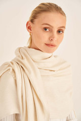 Profile view of model wearing the Oroton Anna Jacquard Wrap in Cream and 72% Modal, 28% Silk for Women