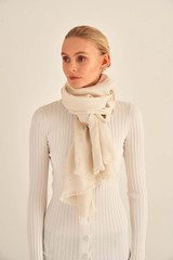 Profile view of model wearing the Oroton Anna Jacquard Wrap in Cream and 72% Modal, 28% Silk for Women