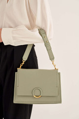 Profile view of model wearing the Oroton Elina Satchel in Shale Grey and Pebble Leather for Women