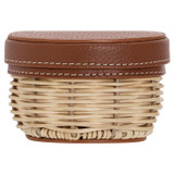 Front product shot of the Oroton Adeline Small Wicker Pot in Natural/Whiskey and Woven Wicker with Pebble Leather for Women
