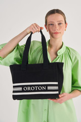 Oroton Lara Medium Tote in Black and Recycled Canvas for Women