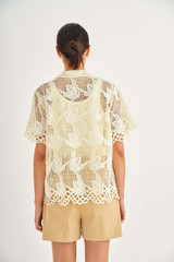 Profile view of model wearing the Oroton Lace Camp Shirt in Lemon Ice and 100% Polyester for Women