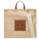 Front product shot of the Oroton Lane Texture Large Tote in Natural/Brandy and Woven Straw and Recycled Smooth Leather Trims for Women