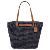 Front product shot of the Oroton Lilly Crochet Medium Tote in Denim Blue and Paper Straw and Smooth Leather Trim for Women