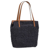 Back product shot of the Oroton Lilly Crochet Medium Tote in Denim Blue and Paper Straw and Smooth Leather Trim for Women