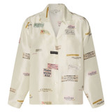 Front product shot of the Oroton Long Sleeve Spaced Label Print Camp Shirt in Soft Cream and 100% Silk for Women