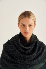 Profile view of model wearing the Oroton Hannah Wrap Scarf in Black and 40% Acrylic, 33% Viscose, 20% Nylon And 7% Wool for Women