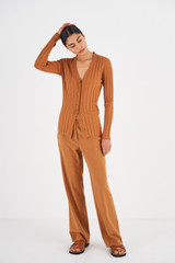 Oroton Long Sleeve Rib Cardi in Toffee and 77% Viscose 23% Polyester for Women