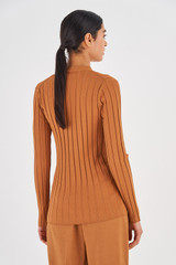Profile view of model wearing the Oroton Long Sleeve Rib Cardi in Toffee and 77% Viscose 23% Polyester for Women