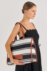 Oroton Daisy Large Tote in Black/Cream and Stripe Canvas Fabric and Smooth Leather Trim for Women