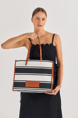 Oroton Daisy Large Tote in Black/Cream and Stripe Canvas Fabric and Smooth Leather Trim for Women