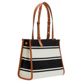 Oroton Daisy Small Tote in Black/Cream and Stripe Canvas Fabric and Smooth Leather Trim for Women
