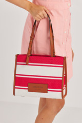 Oroton Daisy Small Tote in Apple/Cream and Stripe Canvas Fabric and Smooth Leather Trim for Women