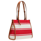 Back product shot of the Oroton Daisy Small Tote in Apple/Cream and Stripe Canvas Fabric and Smooth Leather Trim for Women