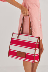 Oroton Daisy Large Tote in Apple/Cream and Stripe Canvas Fabric and Smooth Leather Trim for Women