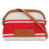 Front product shot of the Oroton Daisy Slim Crossbody in Apple/Cream and Stripe Canvas Fabric and Smooth Leather Trim for Women