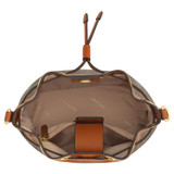 Internal product shot of the Oroton Harvey Signature Small Bucket in Black/Cognac and Smooth leather for Women