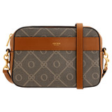 Oroton Harvey Signature Camera Crossbody in Black/Cognac and Oroton Logo Printed Coated Canvas. Smooth Leather Trims for Women