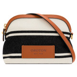 Front product shot of the Oroton Daisy Slim Crossbody in Black/Cream and Stripe Canvas Fabric and Smooth Leather Trim for Women