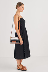 Oroton Daisy Slim Crossbody in Black/Cream and Stripe Canvas Fabric and Smooth Leather Trim for Women