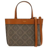 Front product shot of the Oroton Harvey Signature Small Tote in Black/Cognac and Oroton Logo Printed Coated Canvas. Smooth Leather Trims for Women