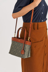 Oroton Harvey Signature Small Tote in Black/Cognac and Oroton Logo Printed Coated Canvas. Smooth Leather Trims for Women