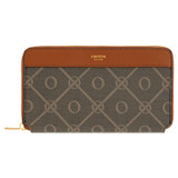 Oroton Harvey Signature Medium Book Wallet in Black/Cognac and Oroton Logo Printed Coated Canvas. Smooth Leather Trims for Women