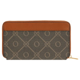 Oroton Harvey Signature Medium Book Wallet in Black/Cognac and Oroton Logo Printed Coated Canvas. Smooth Leather Trims for Women