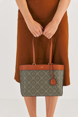 Oroton Harvey Signature Medium Tote in Black/Cognac and Oroton Logo Printed Coated Canvas. Smooth Leather Trims for Women