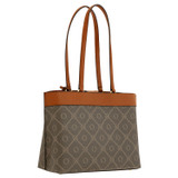 Oroton Harvey Signature Medium Tote in Black/Cognac and Oroton Logo Printed Coated Canvas. Smooth Leather Trims for Women