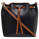 Front product shot of the Oroton Harriet Small Bucket Bag in Black and Saffiano Leather With Smooth Leather Trim for Women