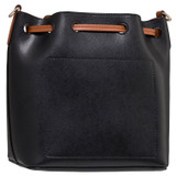 Back product shot of the Oroton Harriet Small Bucket Bag in Black and Saffiano Leather With Smooth Leather Trim for Women