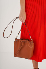 Oroton Harriet Small Bucket Bag in Cognac and Saffiano Leather With Smooth Leather Trim for Women