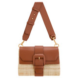 Front product shot of the Oroton Frida Collectable Medium Satchel in Natural/Brandy and Woven Straw and Smooth Leather for Women