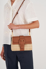 Oroton Frida Collectable Medium Satchel in Natural/Brandy and Woven Straw and Smooth Leather for Women