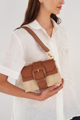 Oroton Frida Collectable Mini Satchel in Natural/Brandy and Woven Straw and Smooth Leather for Women