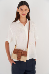 Oroton Frida Collectable Mini Satchel in Natural/Brandy and Woven Straw and Smooth Leather for Women
