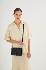Oroton Dylan Fold Over Crossbody in Black and Pebble Leather for Women