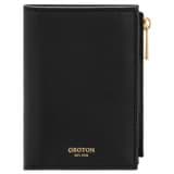 Front product shot of the Oroton Imogen Mini 10 Credit Card Zip Wallet in Black and Smooth Leather for Women