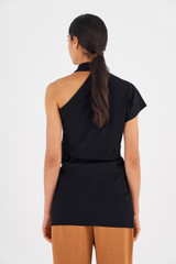 Profile view of model wearing the Oroton Asymmetric Tunic in Black and 77% Viscose 23% Polyester for Women