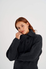 Profile view of model wearing the Oroton Button Detail Rib Collar Knit in Dark Charcoal and 100% Wool for Women