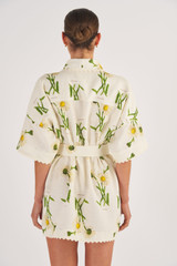 Profile view of model wearing the Oroton Field Daisy Print Robe in String and 100% Linen for Women