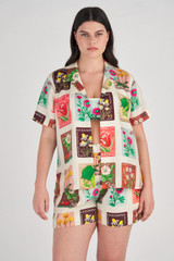 Oroton Flower Stamp Print Camp Shirt in String and 100% Silk for Women