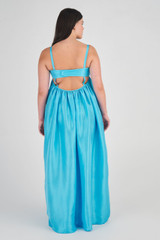 Profile view of model wearing the Oroton Bodice Detail Gown in Lake and 100% Silk for Women