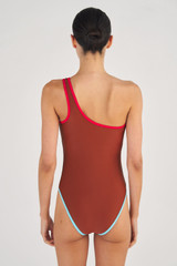 Oroton Asymmetric One Piece in Iced Chocolate and 78% Recycled Nylon/ 22 % Lycra for Women