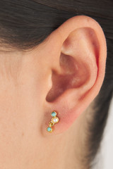 Profile view of model wearing the Oroton Capri Double Drop Studs in Gold/Turquoise and Brass Base Metal With Precious Metal Plating/Reconstituted Stone/Pearl for Women