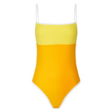 Front product shot of the Oroton Contrast Bind One Piece in Vibrant Yellow and 78% Recycled Nylon/ 22 % Lycra for Women