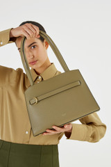Oroton Audrey Small Three Pocket Day Bag in Silt and Embossed Leather With Smooth Leather Trims for Women