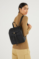 Oroton Dylan Medium Zip Buckle Backpack in Black and Pebble Leather for Women